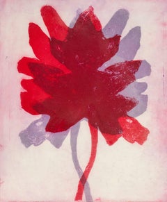 "Leaves In Shadow",  abstract plant-study aquatint print, violet and red.