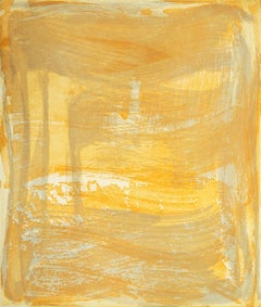 "Broad Strokes Seven", gestural abstract aquatint print, layered yellow, silver.