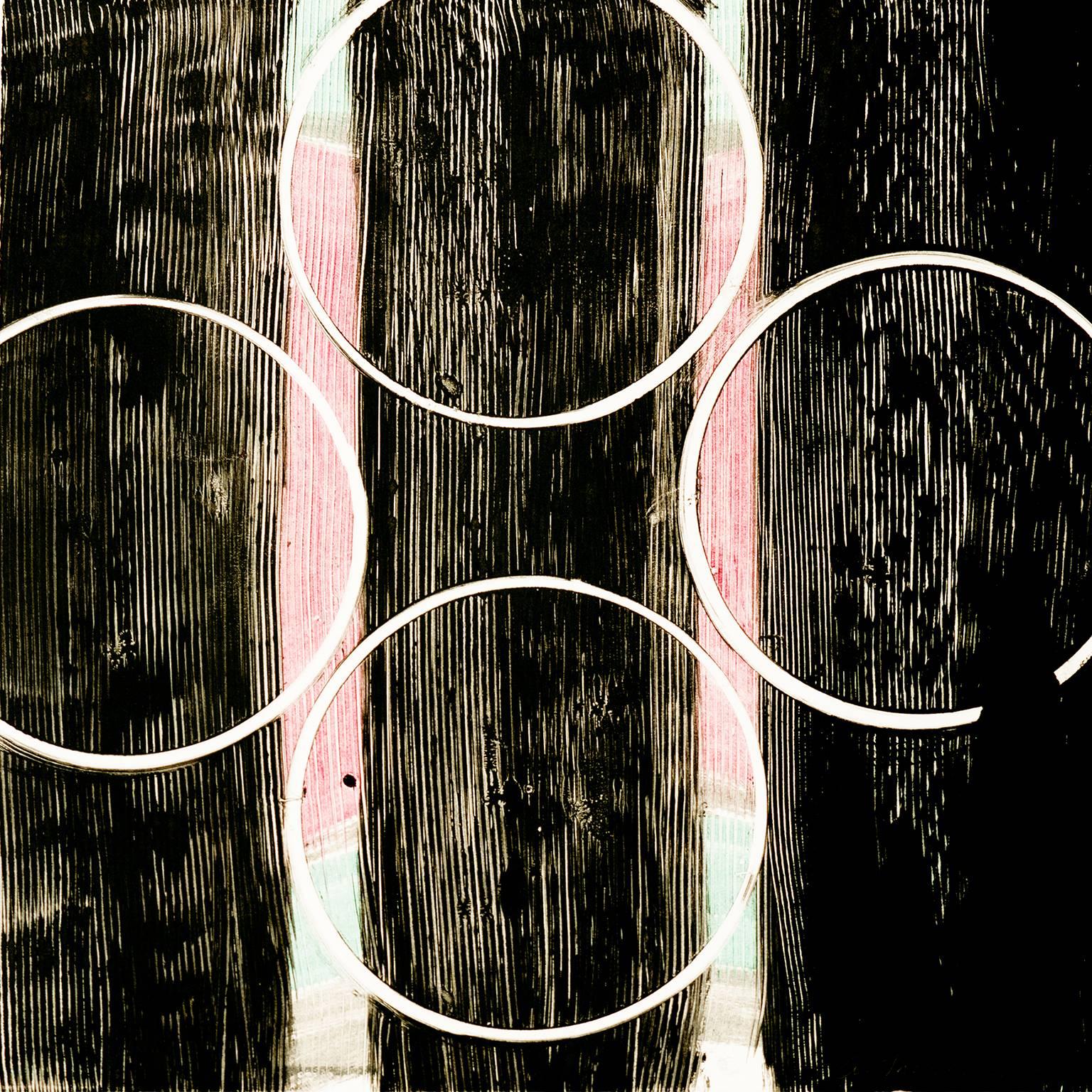 Anita Thacher Abstract Print - "Effigy Two", painterly abstract monoprint, pink, black, white, circles, strips.