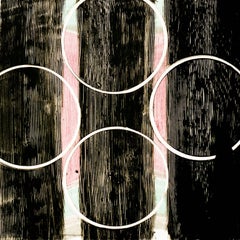 "Effigy Two", painterly abstract monoprint, pink, black, white, circles, strips.