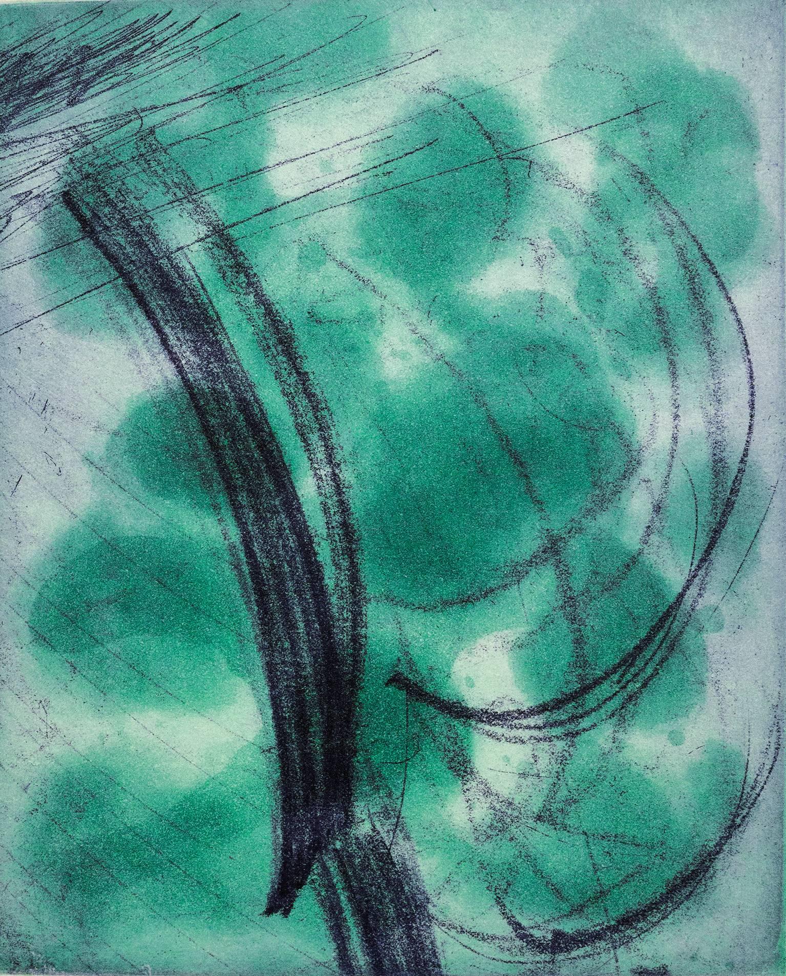 Kumi Korf Abstract Print - So Much Green, abstract etching, spit bite print, green, blue, Asian influence.