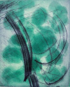 So Much Green, abstract etching, spit bite print, green,blue, Asian influence.