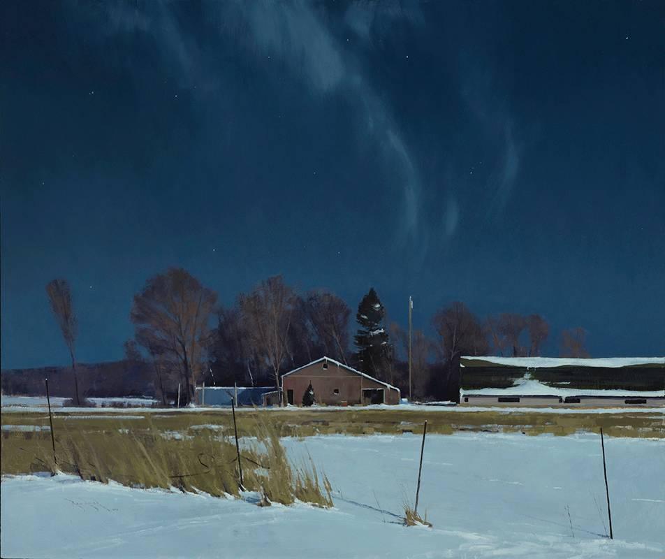 Ben Bauer Landscape Painting - Sauk Rapids Farm by Moonlight