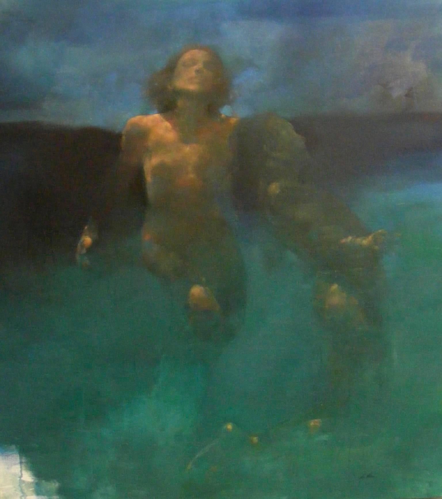 Bill Bate Nude Painting – Morphosis II underwater painting , blue painting , sea painting, people painting