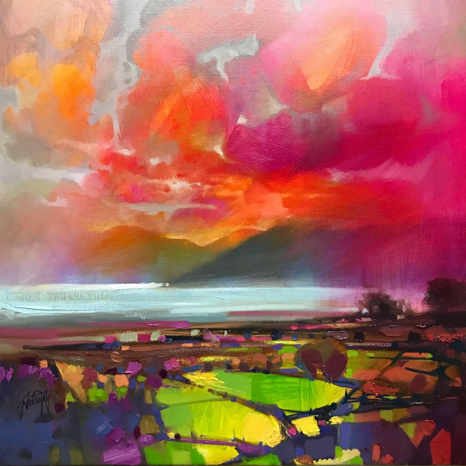Scott Naismith Landscape Painting - Red Skies, colourful abstract contemporary painting, original landscape painting