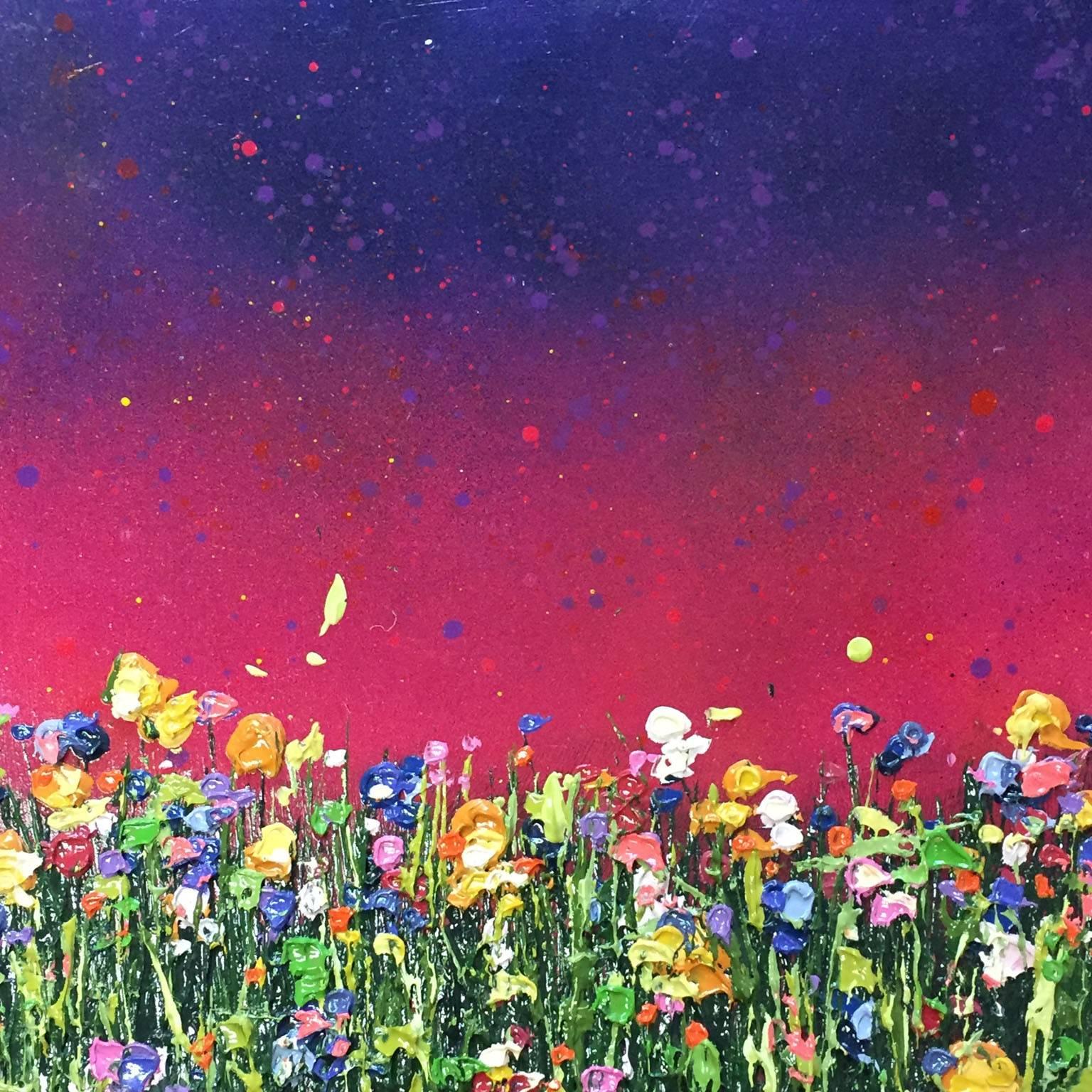 Lee Herring Landscape Painting - Magenta Glow, Colourful painting, abstract painting , pink, yellow, green meadow