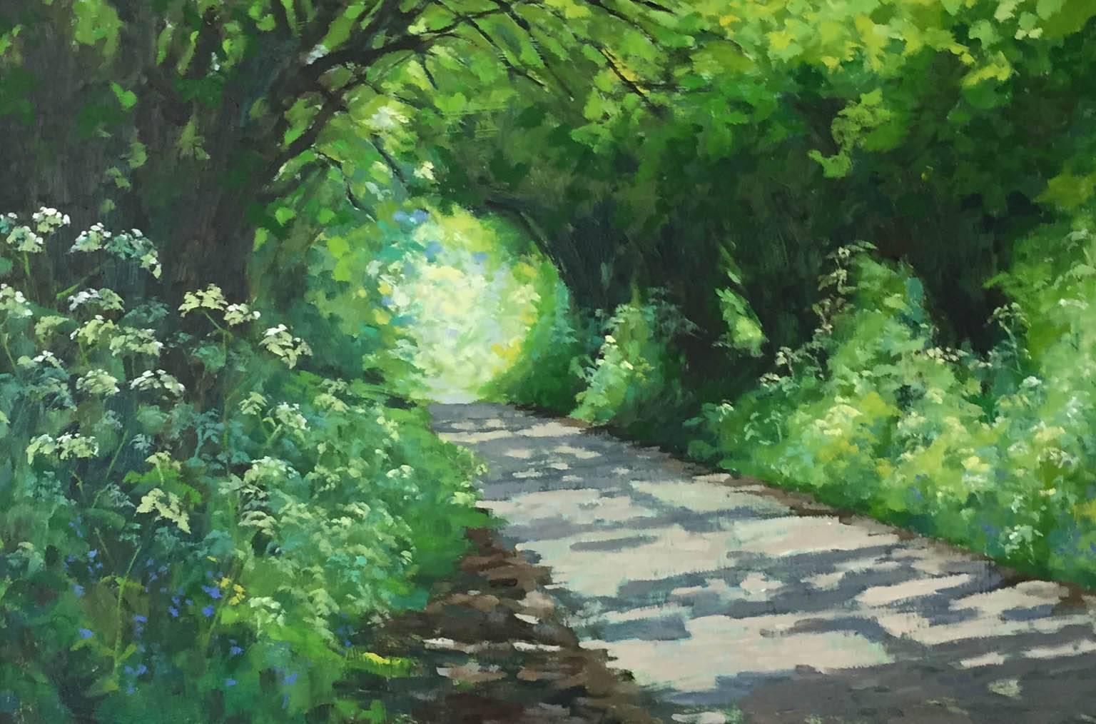 Andrea Bates Figurative Painting - Sunny Lane in Spring