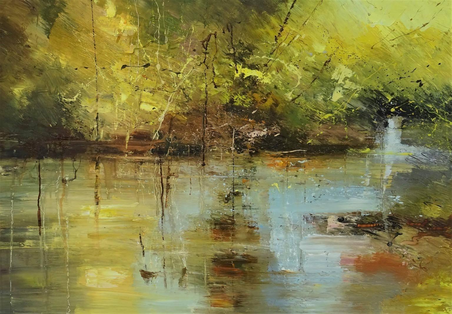 Claire Wiltsher Abstract Painting – Reflecting the Surface 3:: New Forest:: Ölgemälde