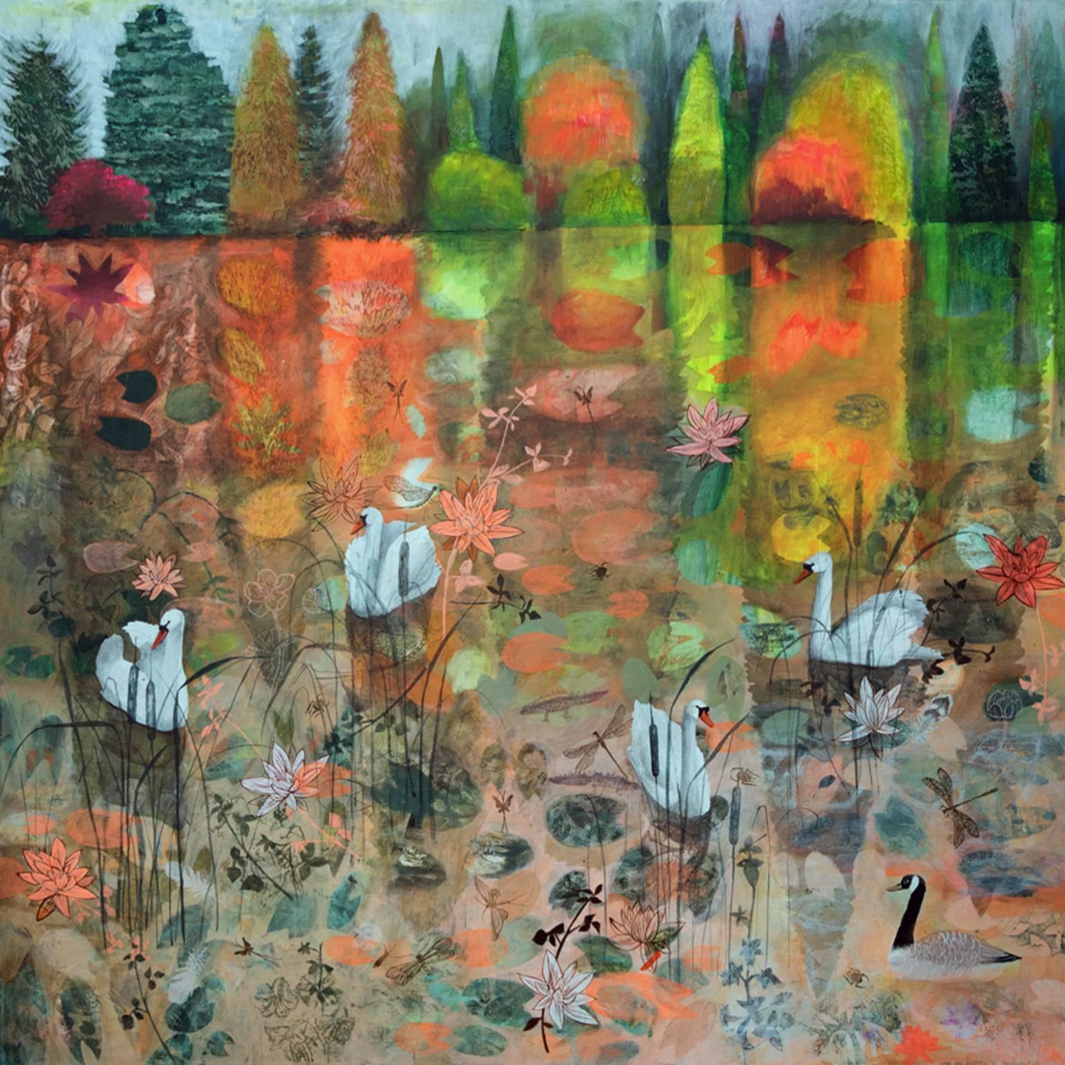Dawn Stacey Animal Painting - Golden Lake, Sheffield Park, original contemporary art large 