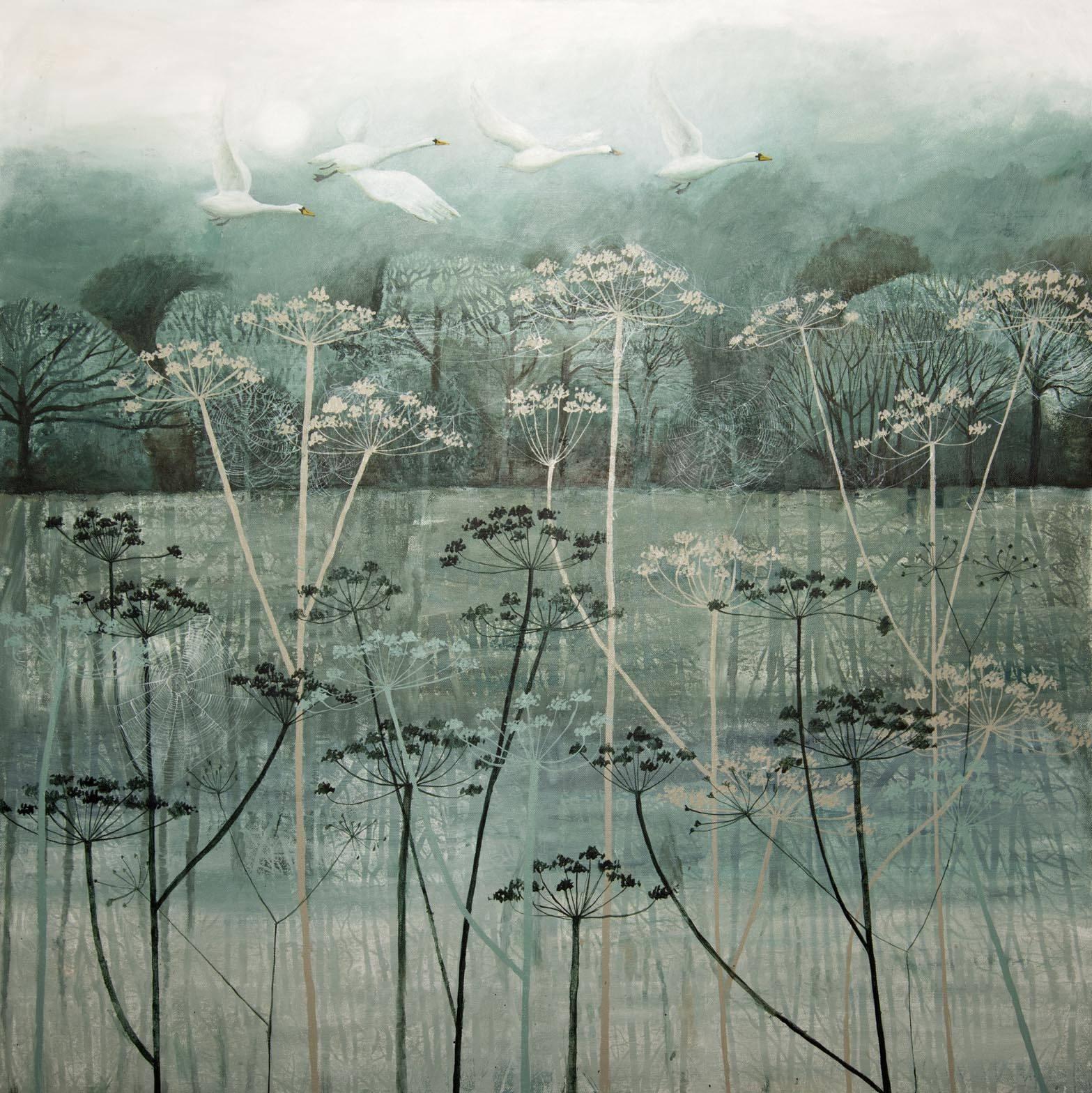 Dawn Stacey Landscape Painting - Birds Flying High, painting of a landscape , monotone colours , grey blue white