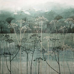 Birds Flying High, painting of a landscape , monotone colours , grey blue white