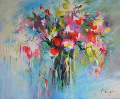 Bouquet of Joy, flower painting, colourful art, blue, pink