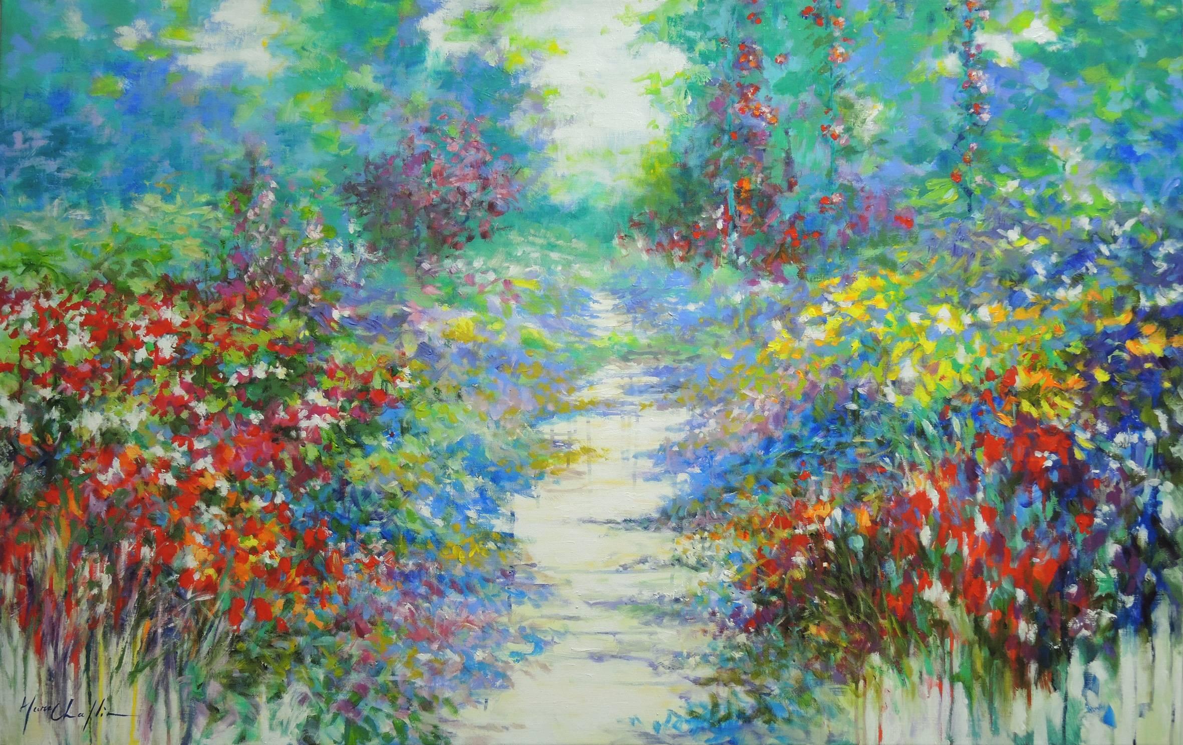 Summer walk in Giverny, semi abstract painting of flowers 