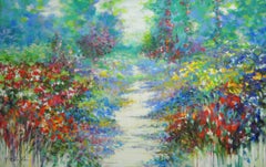 Summer walk in Giverny, semi abstract painting of flowers 