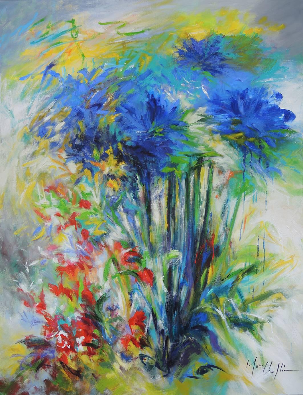 Mary Chaplin Abstract Painting - Blue agapanthus and crocosmias