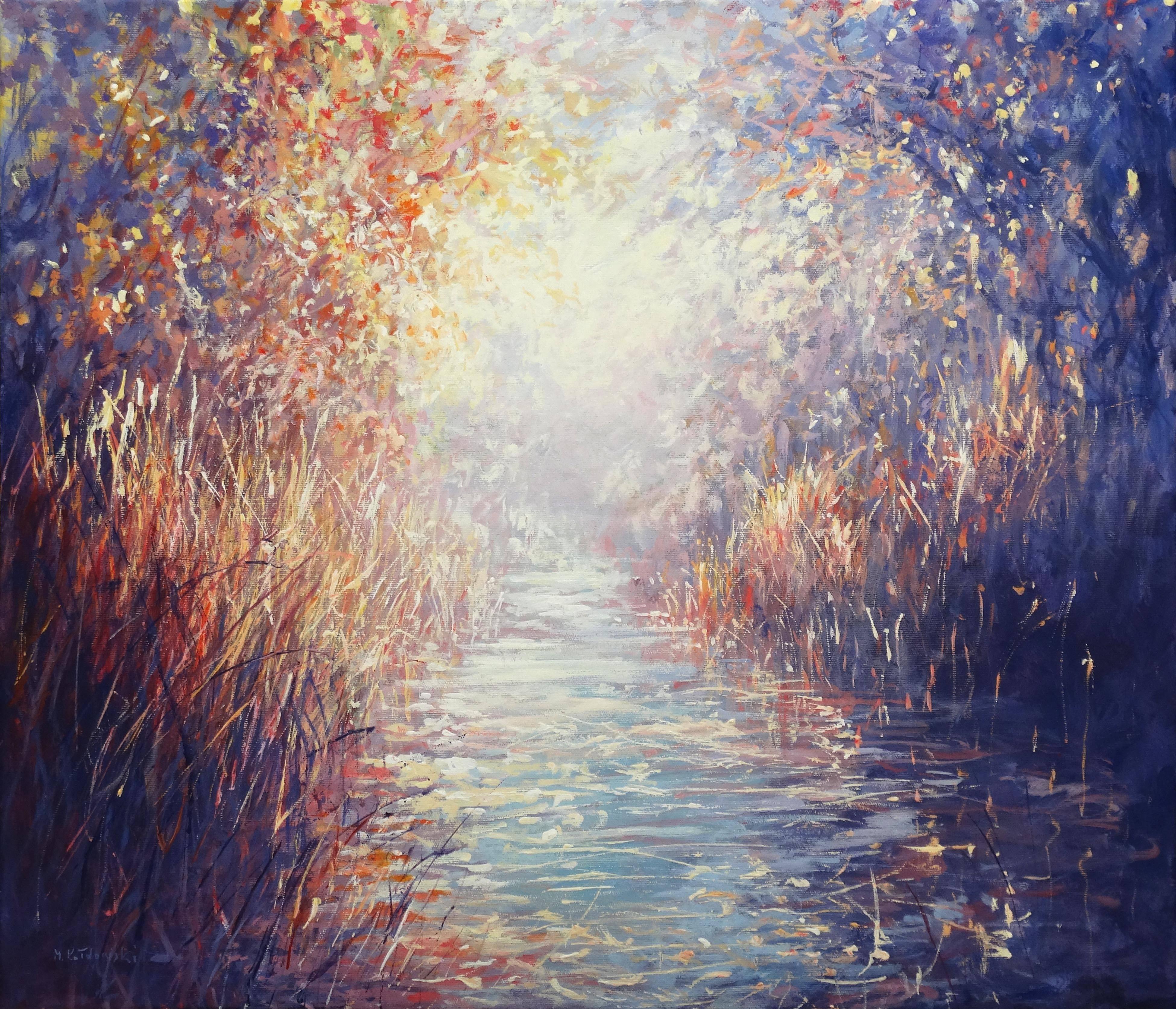Mariusz Kaldowski Landscape Painting - Quiet River Scene, purple contemporary painting