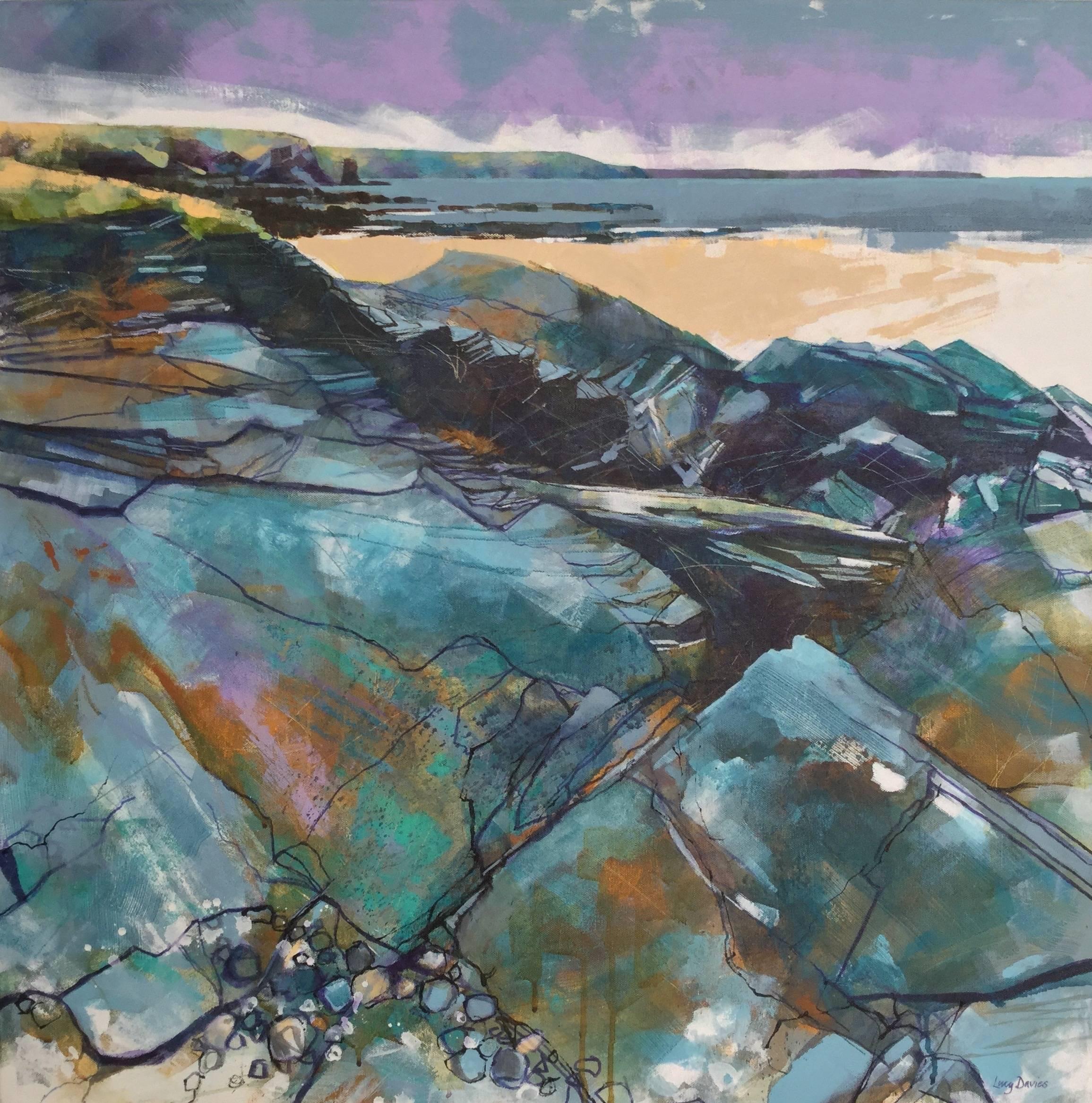 Lucy Davies Landscape Painting - Rocks at Constantine Bay, Cornwall