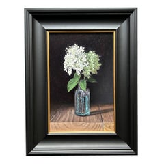 „Limelight“-Hortensie in Vintage-Glas – Nr. 202, Originalgemälde, Blumenmotiv