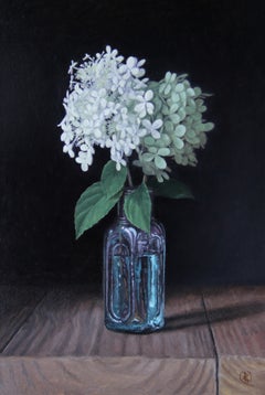 „Limelight“-Hortensie in Vintage-Glas – Nr. 202, Originalgemälde, Blumenmotiv
