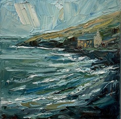 La cala de Port Quin, por la tarde, pintura original, paisaje marino, Cornualles, contemporáneo