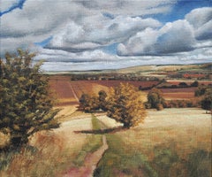 Near Whipsnade, landscape, figurative, contemporary, oil on board, sky, view