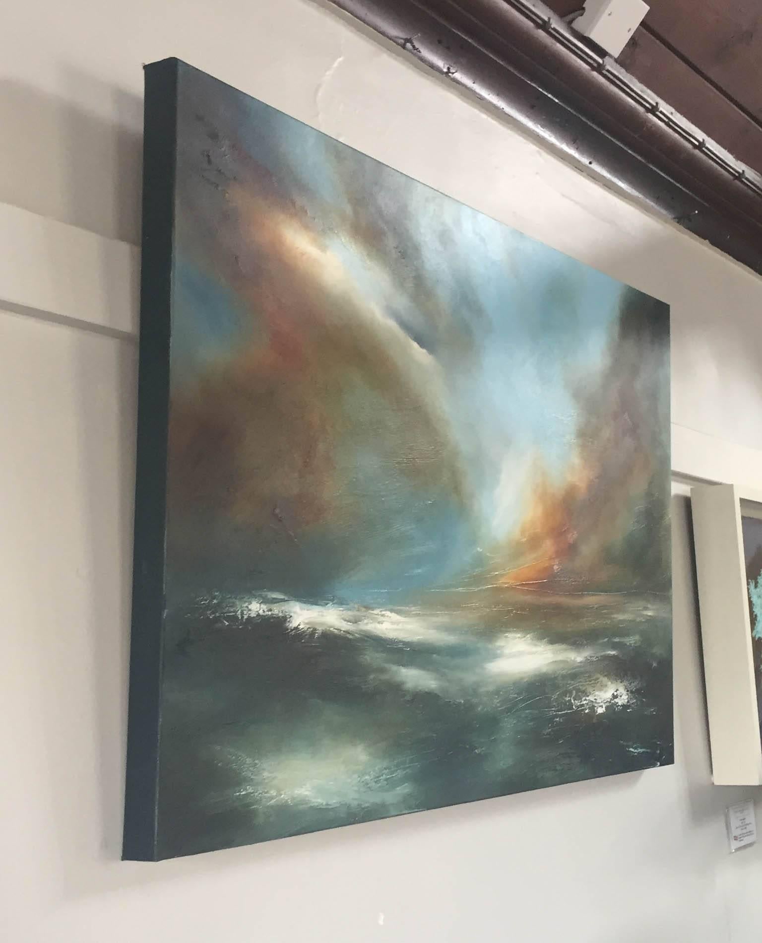 'In her wake' is an original, oil on canvas seascape painting by Helen Langfield.

This piece has been painted on a boxed canvas, with the sides painted in a block colour, to enhance the painting and complete the work with a clean contemporary
