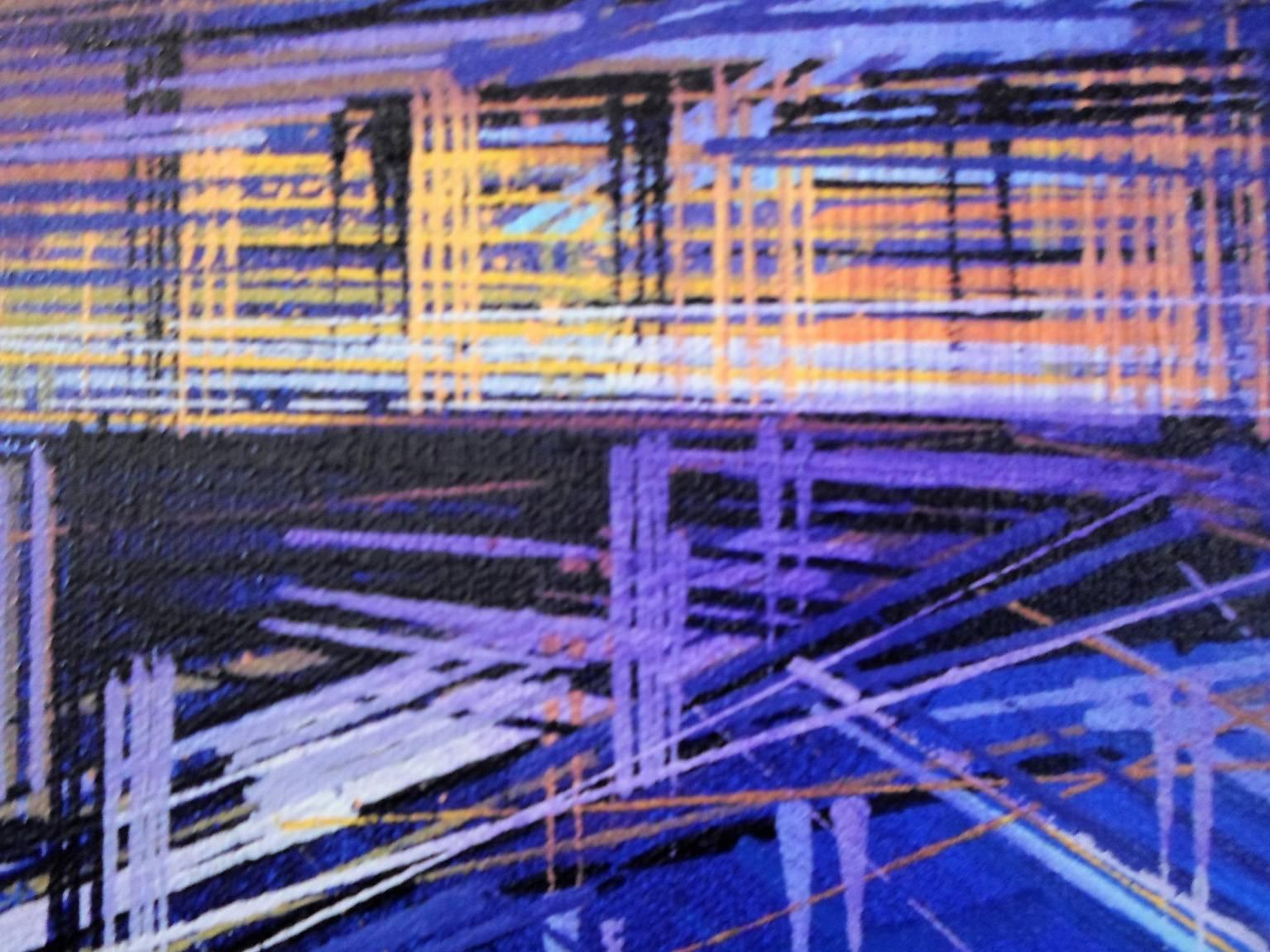 City of Lights, London, landscape painting , aerial view  (Blau), Landscape Painting, von Marc Todd