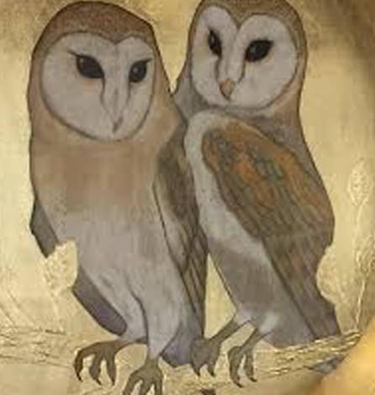 Barn Owls - Gold Animal Painting by Sally-Ann Johns