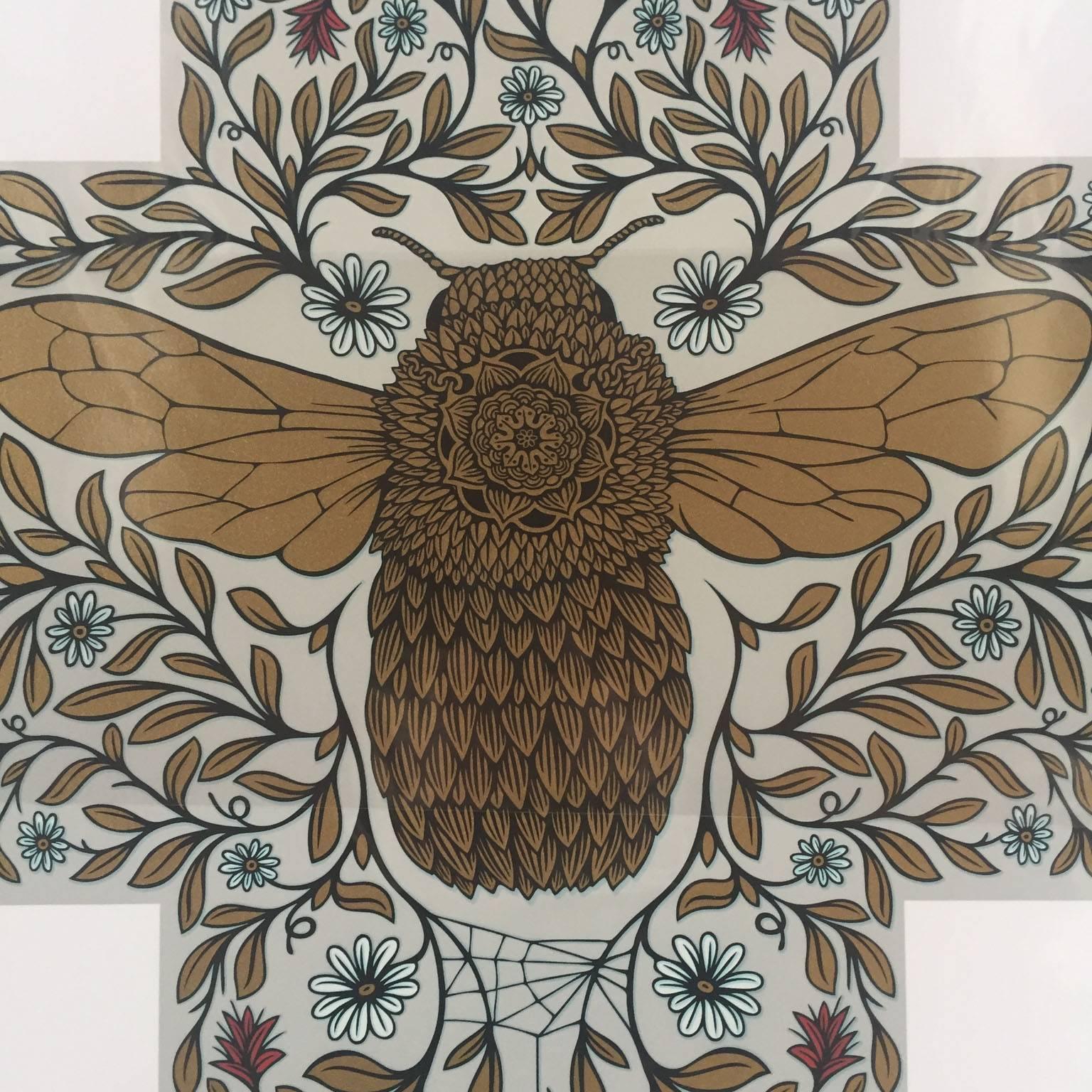 Bee (Large), print gold and blue  - Print by Andy Wilx