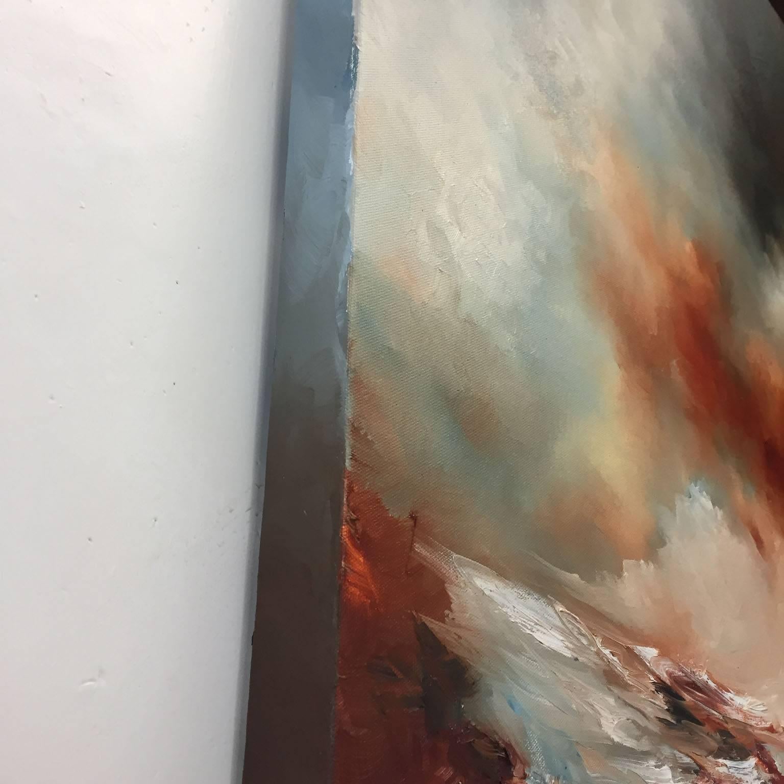 ‘Heat Smoulder.’
An original oil painting by Alison Johnson inspired by the colour, drama and atmosphere of the sea and weather.
Medium: Oil on Canvas
Colours: Orange, black and blue… dark colours have been used in this atmospheric seascape