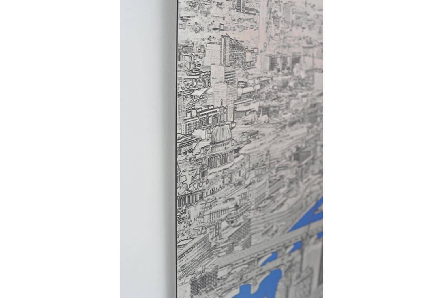 Above and Beyond, London Landscape, blue and silver aluminium art – Print von Michael Wallner