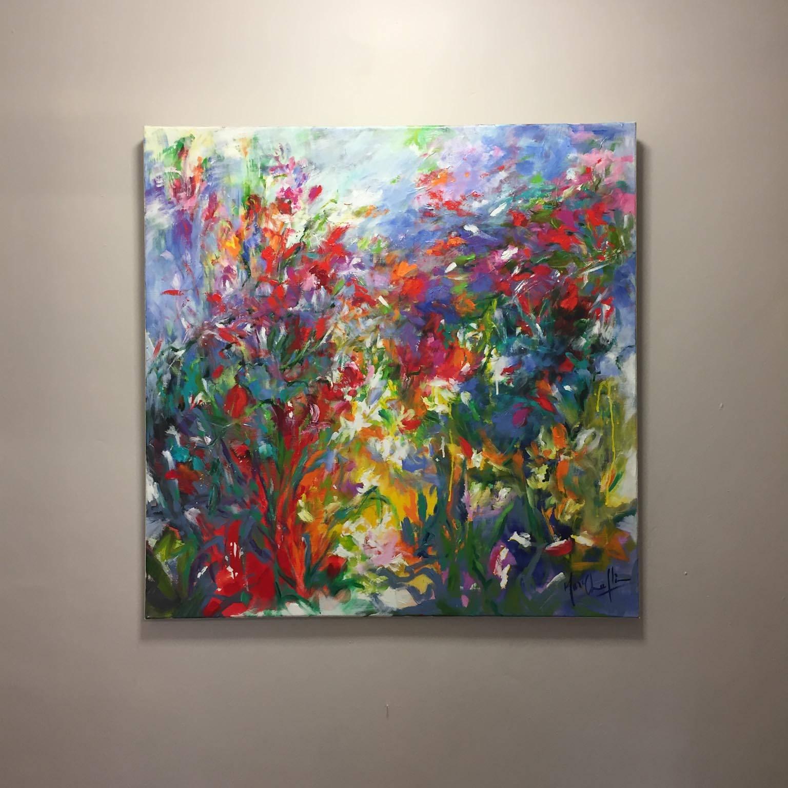 Mary Chaplin, ‘A gust of wind’ features the artist, Mary's, own garden, full of bright colour and light, painted in a semi-abstract style. This work has been created using acrylic paint on canvas. Mary Chaplin says: "I express the well-being