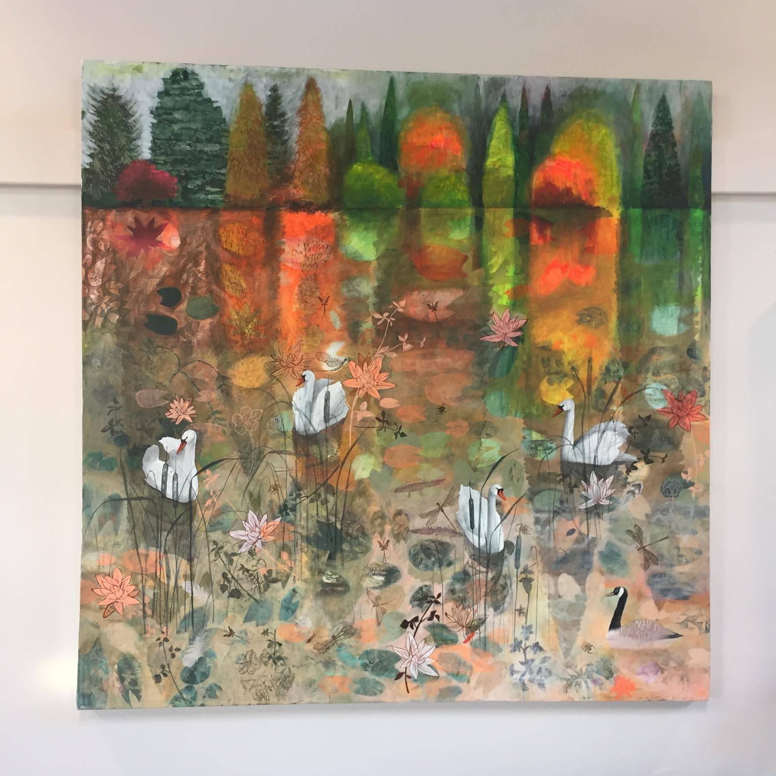 Golden Lake, Sheffield Park, original contemporary art large  - Brown Animal Painting by Dawn Stacey