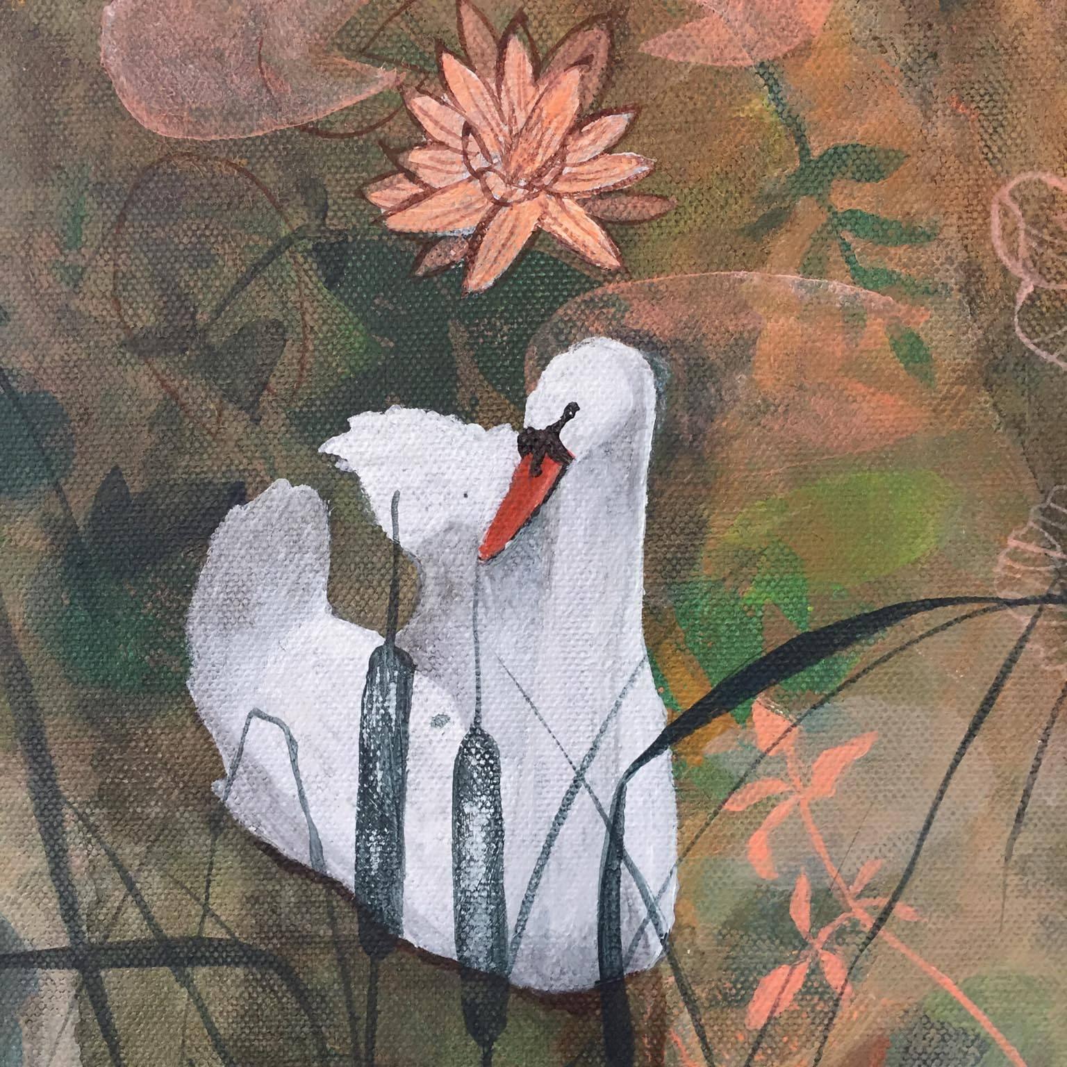 Original painting: ‘Golden Lake’ has been inspired by the swans and the wildlife in Sheffield Park and has been painted by contemporary artist, Dawn Stacey. She has used bright and light oranges and greens and pink colours within this painting to