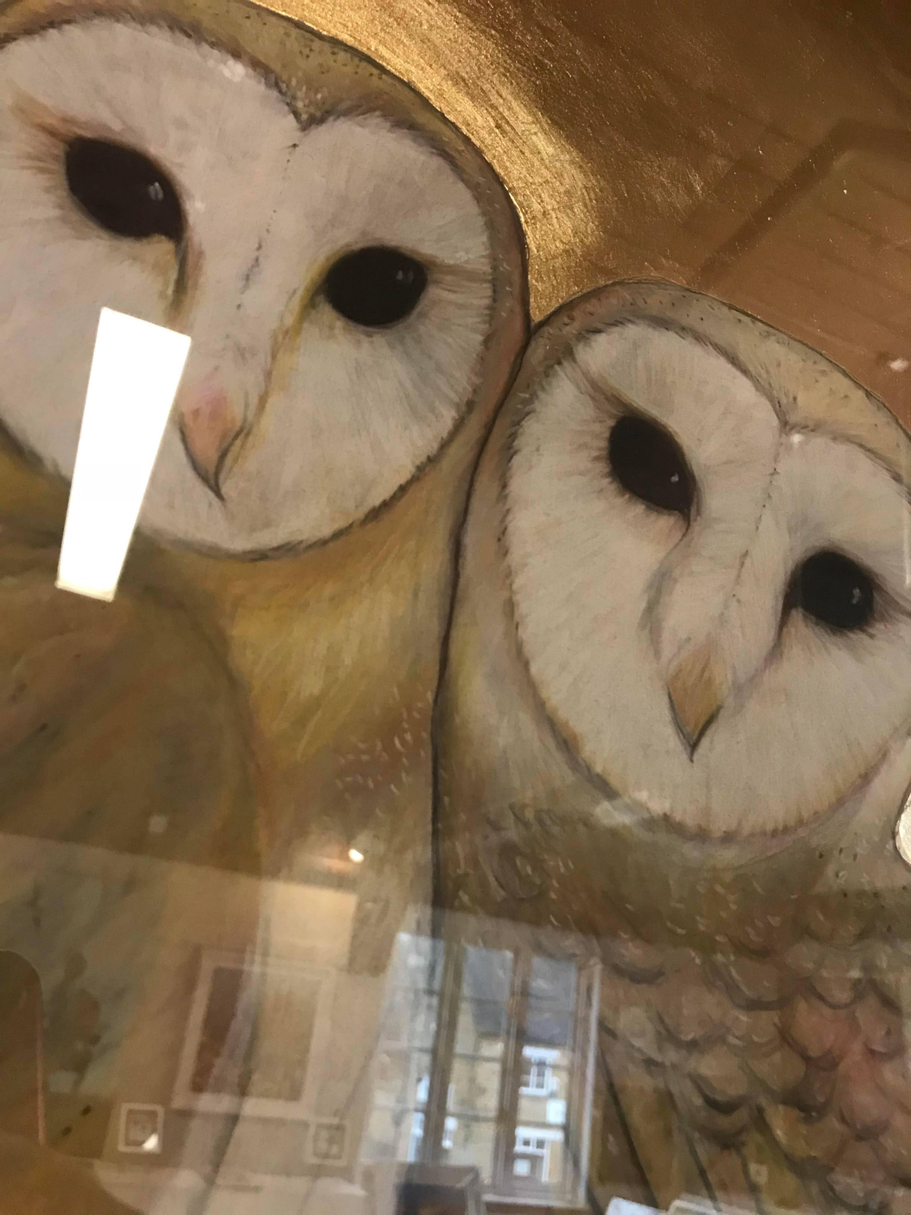 A Pair of Barn Owls - Gold Animal Painting by Sally-Ann Johns