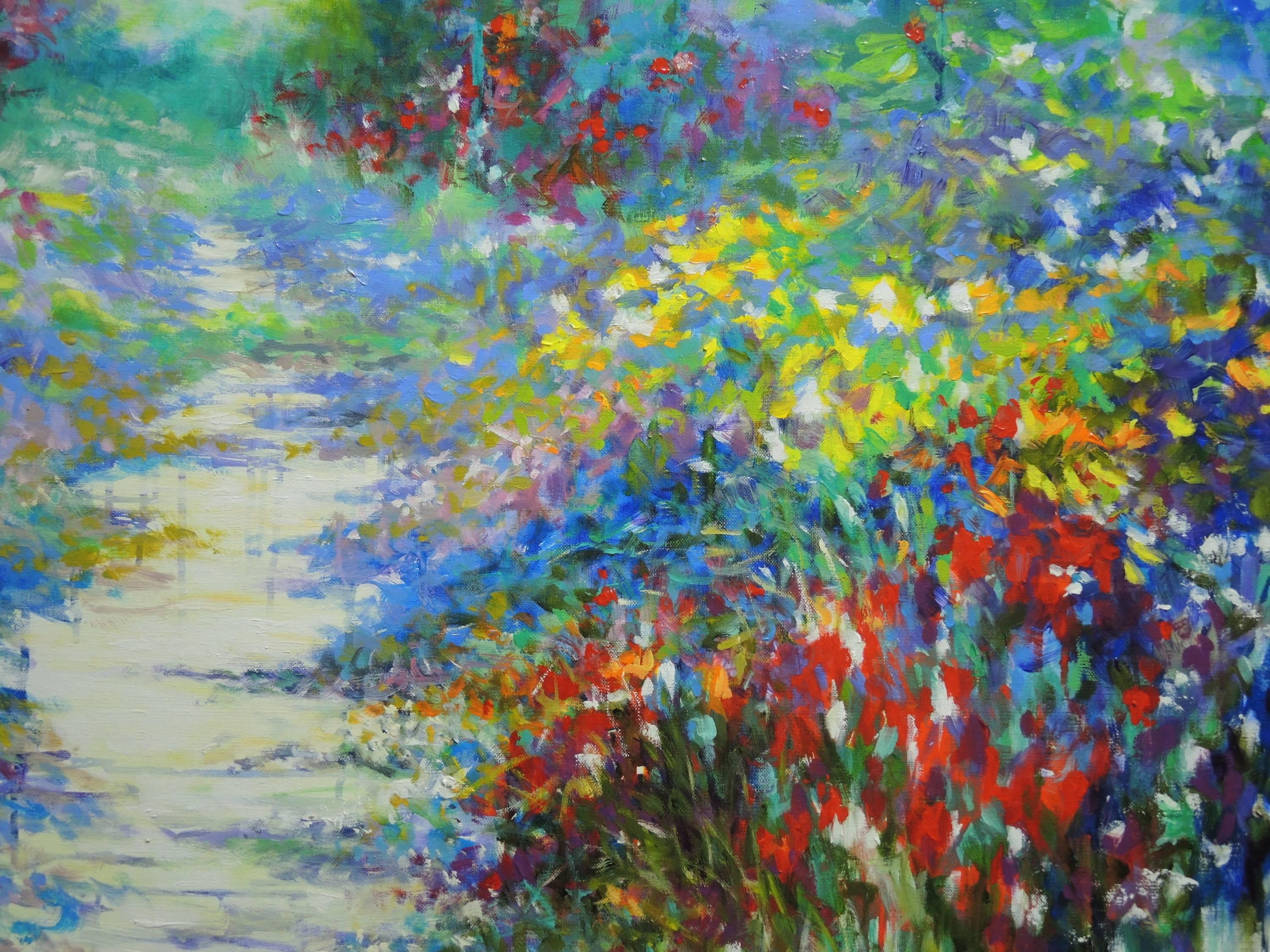 Paseo de verano en Giverny, pintura semiabstracta de flores - Painting de Mary Chaplin