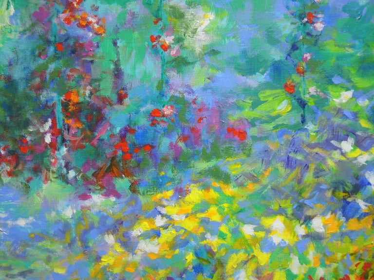 Summer walk in Giverny, semi abstract painting of flowers  - Abstract Impressionist Painting by Mary Chaplin