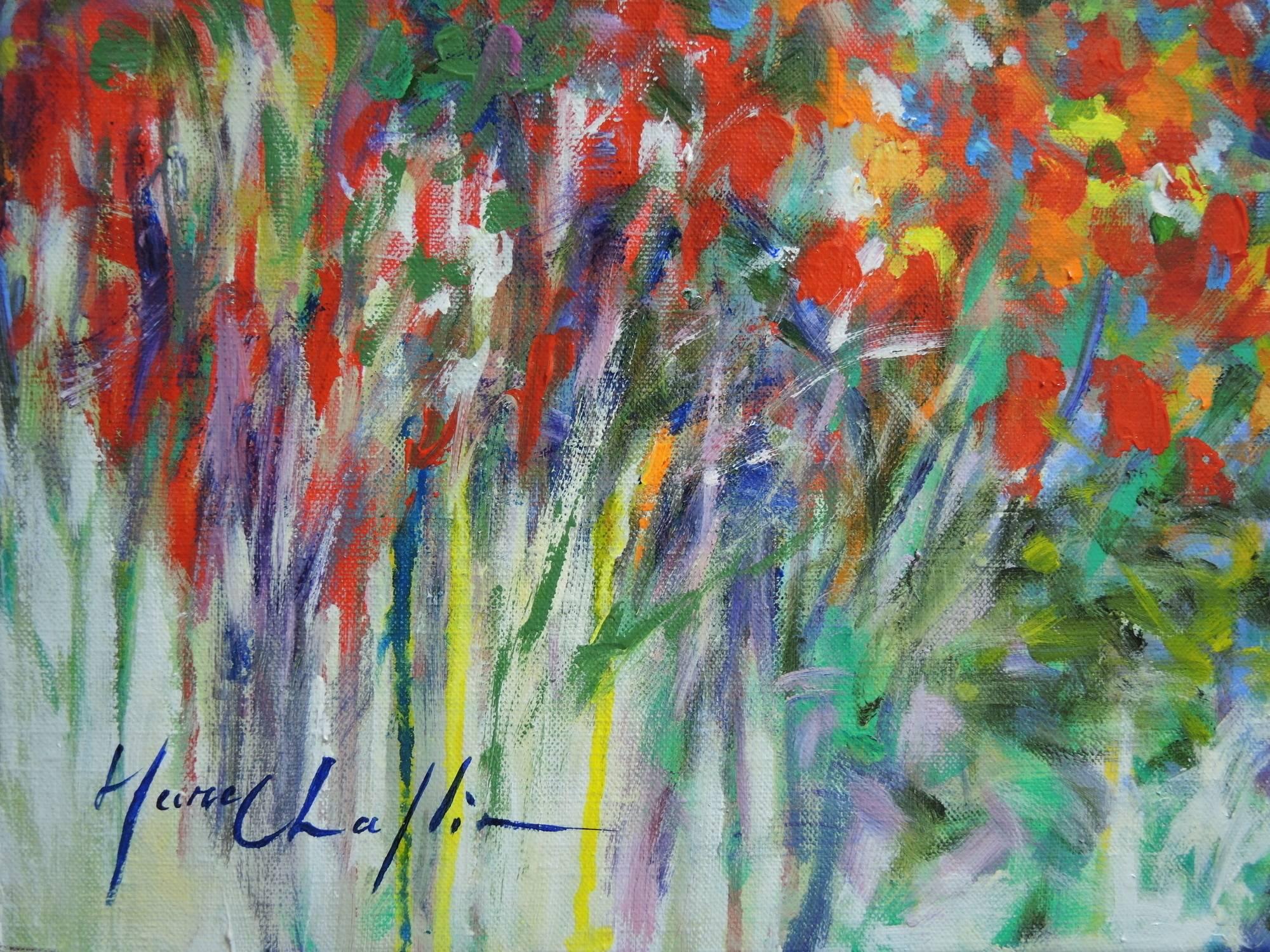 Sommerspaziergang in Giverny, halb abstraktes Blumengemälde  (Grau), Abstract Painting, von Mary Chaplin