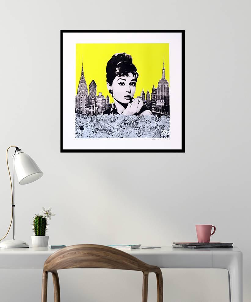 Anne Storno.
Hand printed, limited edition screen print.
Created from a hand made Paper collage and sprain painting mixed media work that has been transformed into a screen print.
The iconic Audrey Hepburn is surrounded by major elements of her film