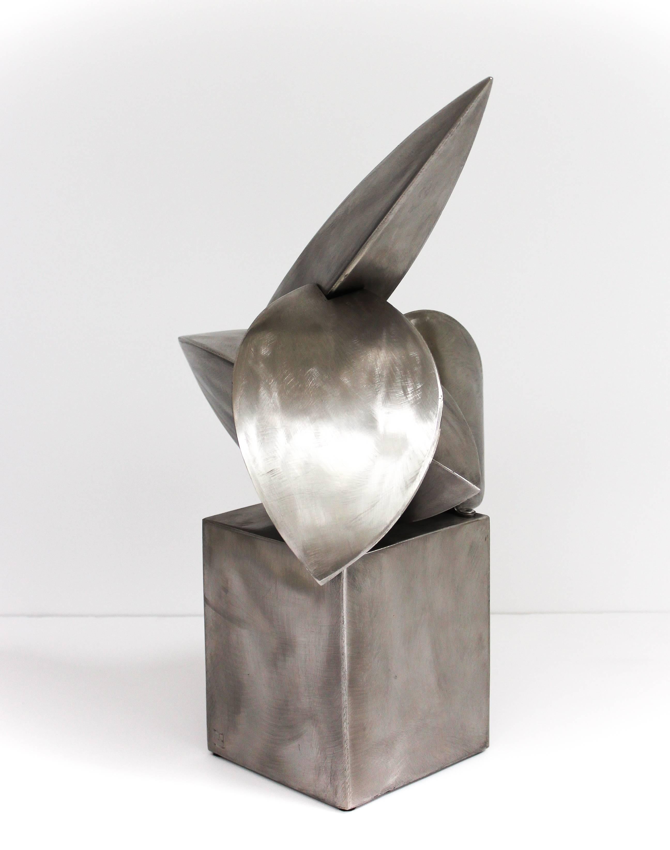 Abstract sculpture by Cuban artist Carlos Gonzalez made out hand-cut stainless steel sheet , welded and grained down to create three-dimensional pieces with the perfect seamless edges. Individual pieces attached by stainless steel rivets. 

2014