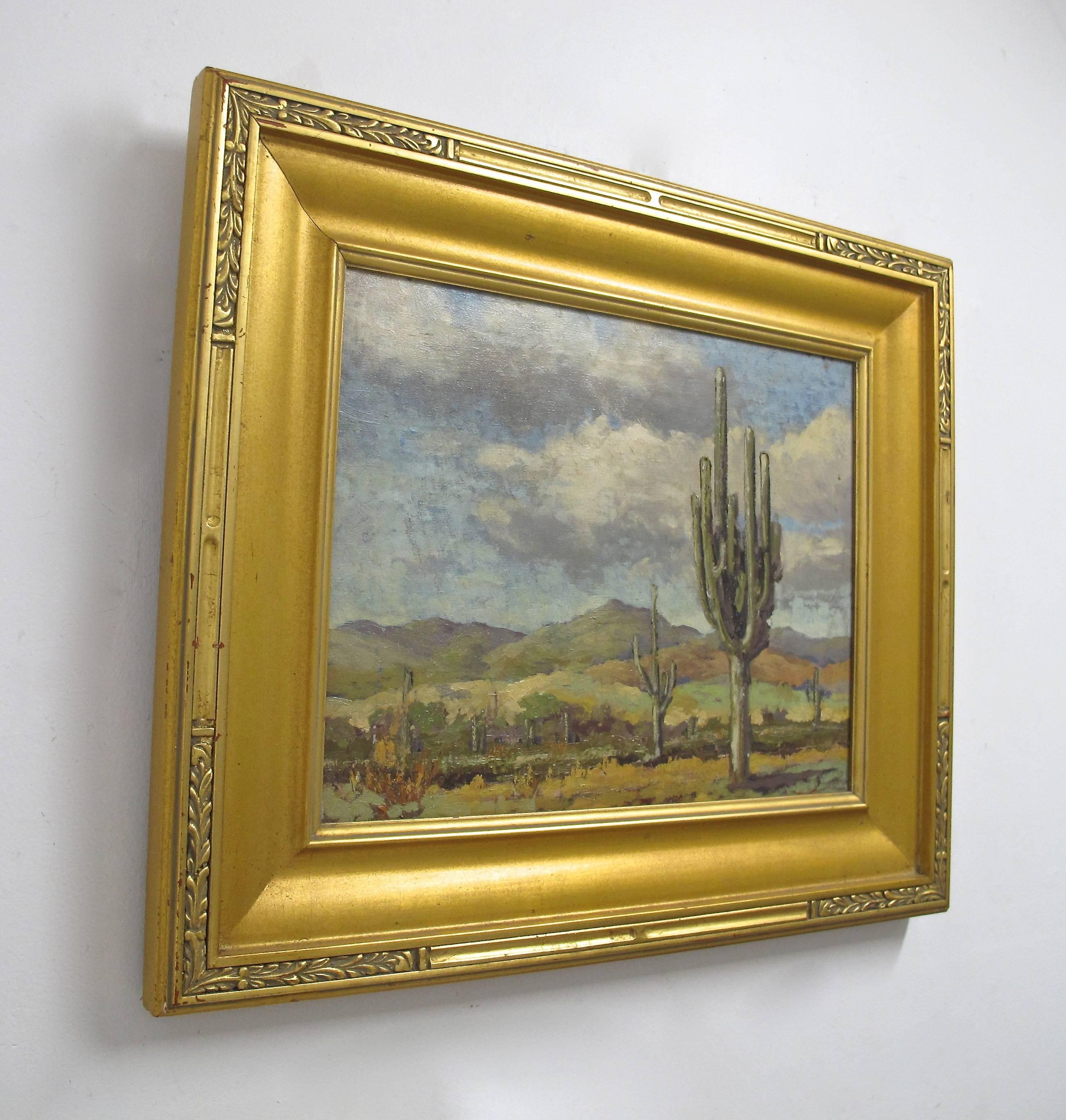 Desert landscape painting by Frank L. Sanford. Oil on canvas in painted wood frame. American, mid 20th century.

Frank Leslie Sandford was  a painter and a designer.  He was born in Oakland, CA on Oct. 27, 1891.  Sandford settled in Los Angeles in
