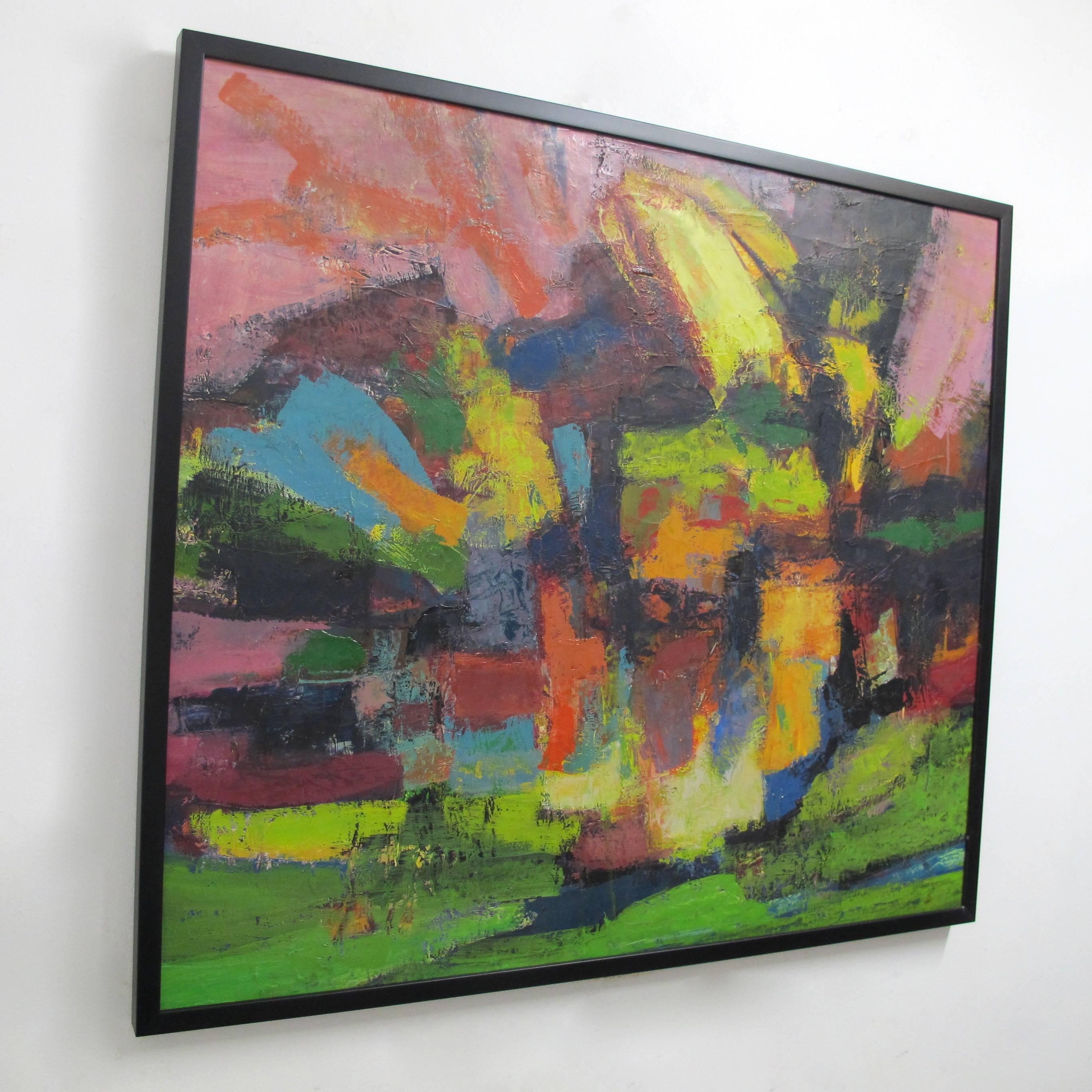 Colorful and bold impressionist abstract painting, unsigned, oil on canvas, in new frame. American, 1960's. 