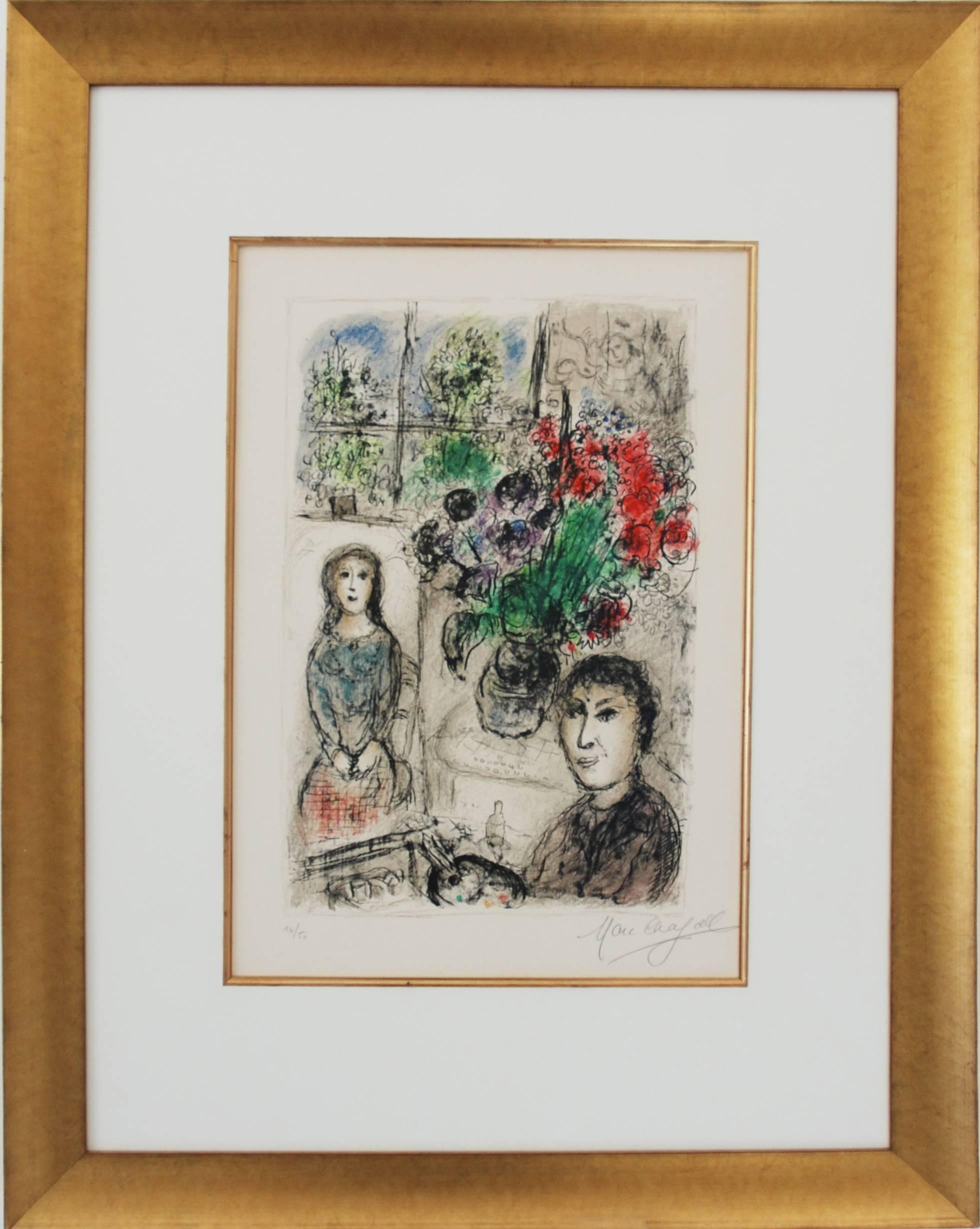 Marc Chagall Landscape Print -  Le chevalet aux fleurs