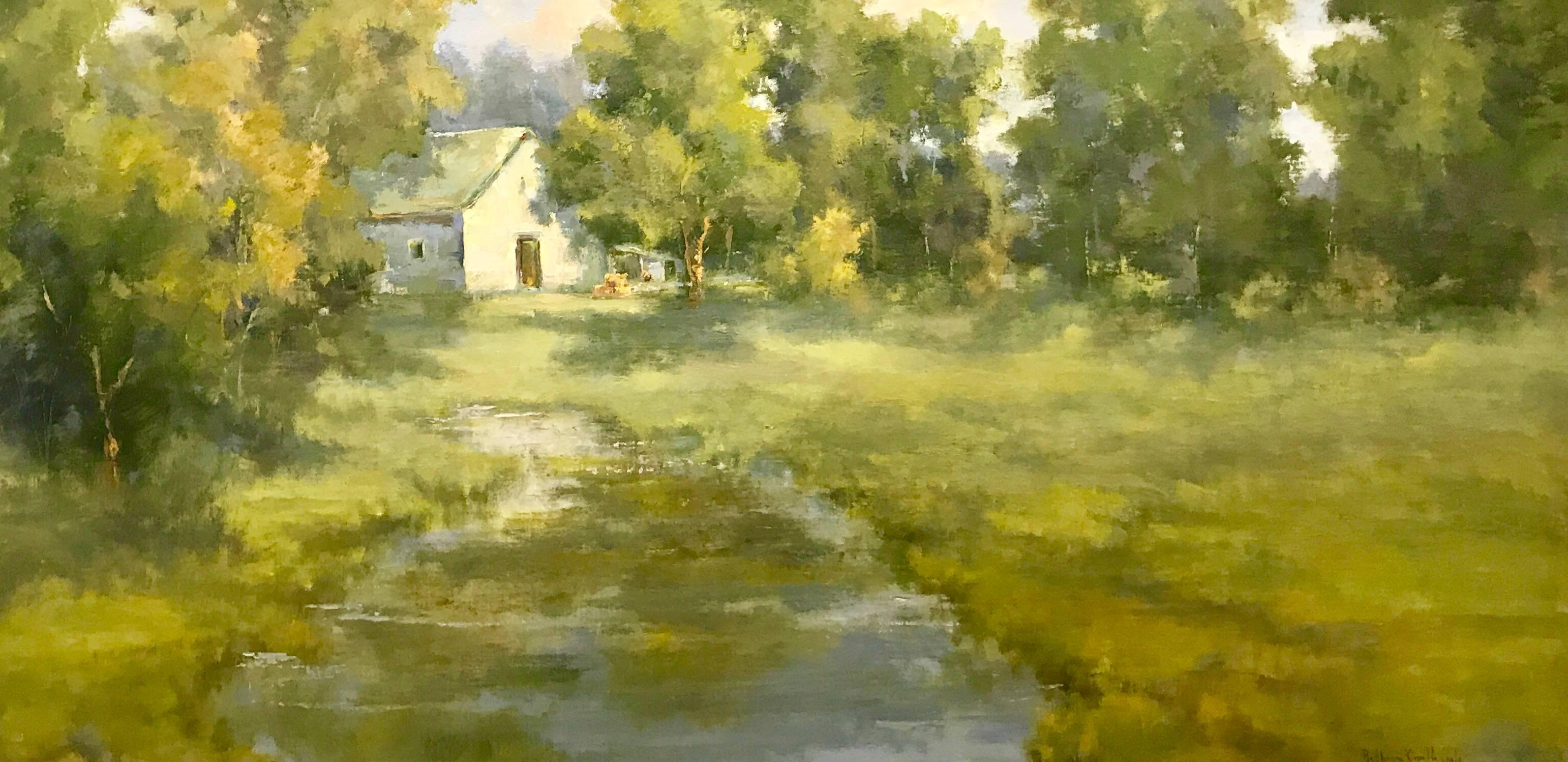 Bethanne Kinsella Cople Landscape Painting - White Barn, Cool River