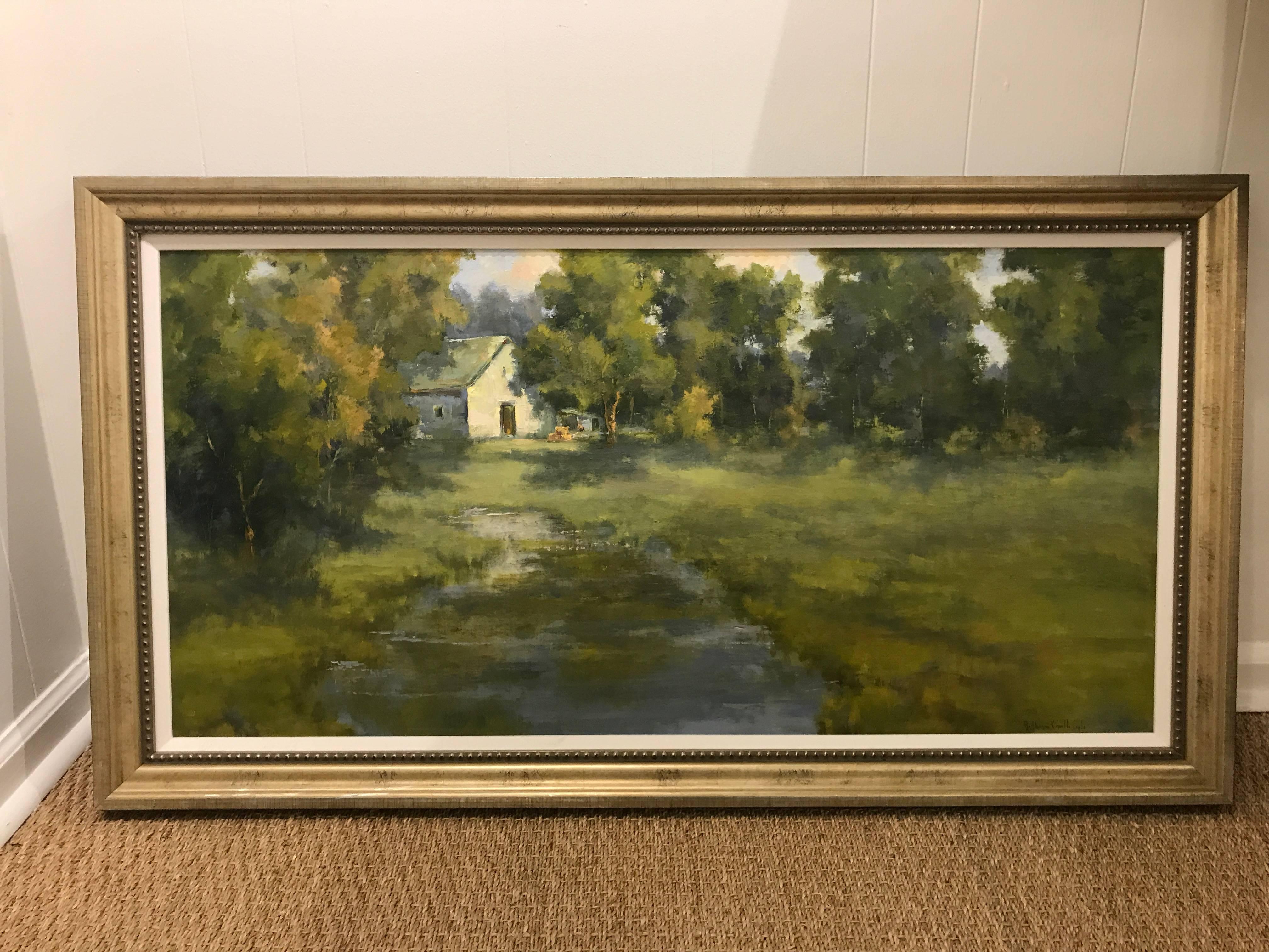 White Barn, Cool River - Painting by Bethanne Kinsella Cople