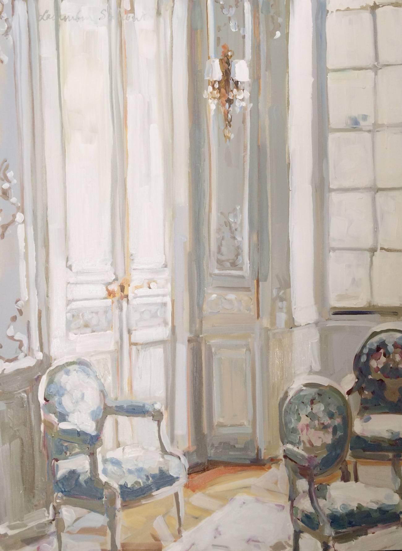 Laura Lacambra Shubert Interior Painting - Waiting to be Seated, Impressionist Oil on Canvas Painting by Laura Shubert