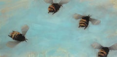 Bees 1-06, Oil on Board Painting Depicting Four Bees on Blue Background