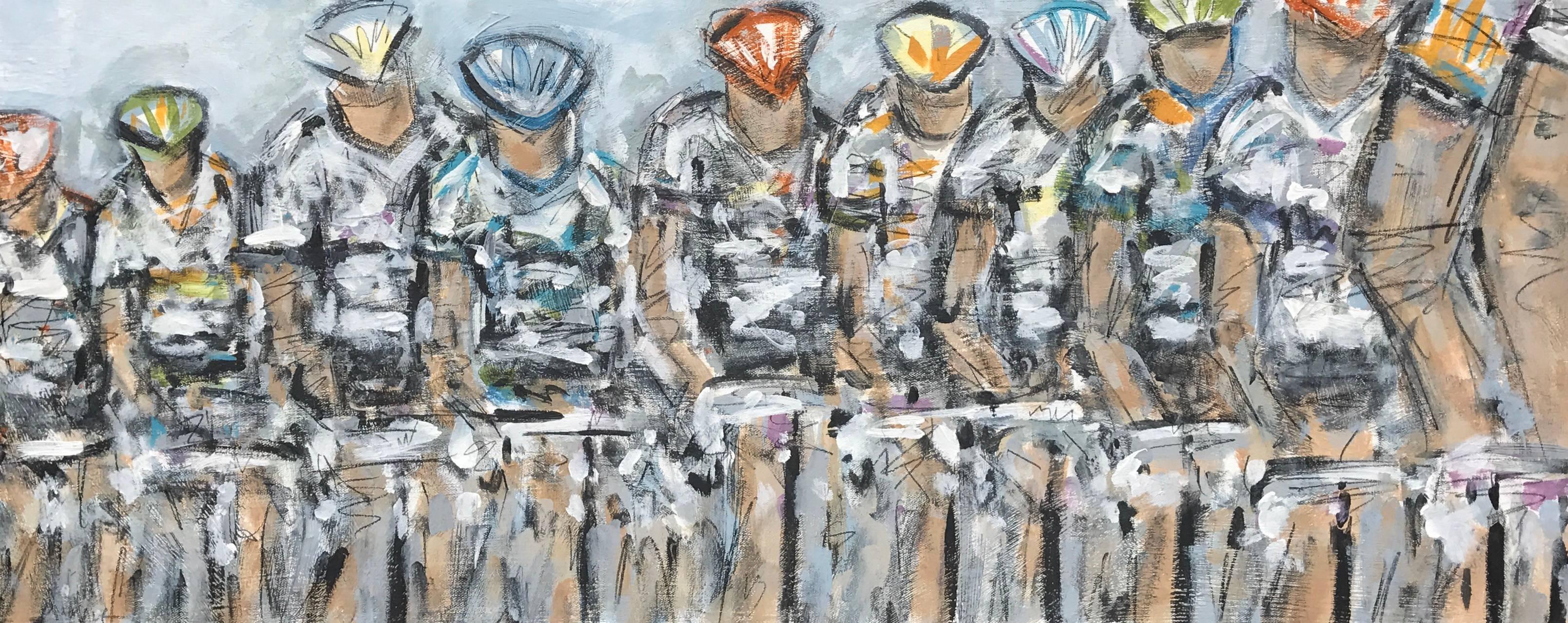 Heather Blanton Figurative Painting - 'Cycling Line Up', Chalk, Paint and Pencil on Canvas Horizontal Painting
