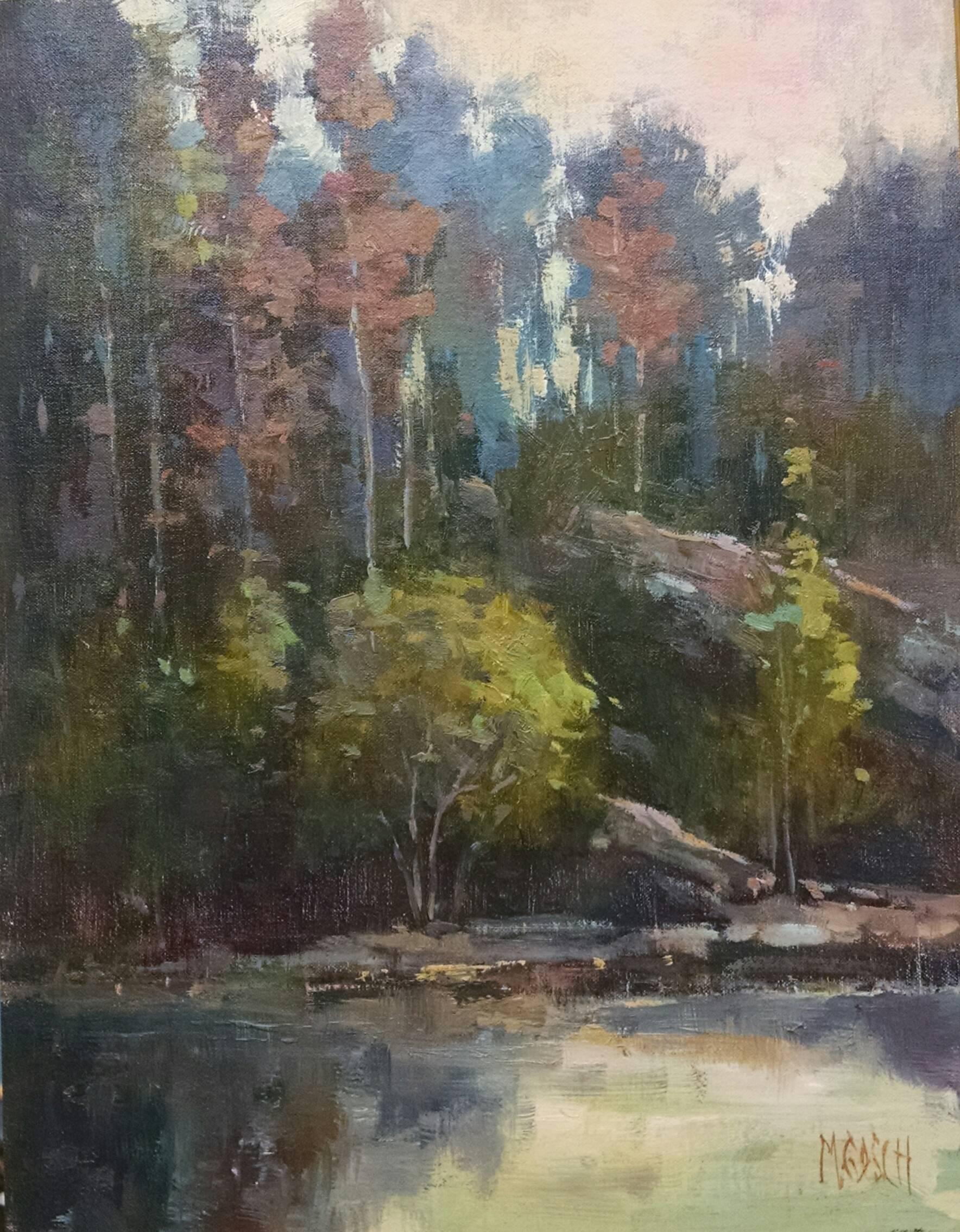 Millie Gosch Landscape Painting - 'Autumn River', Small Size Oil on Board Landscape Framed Painting