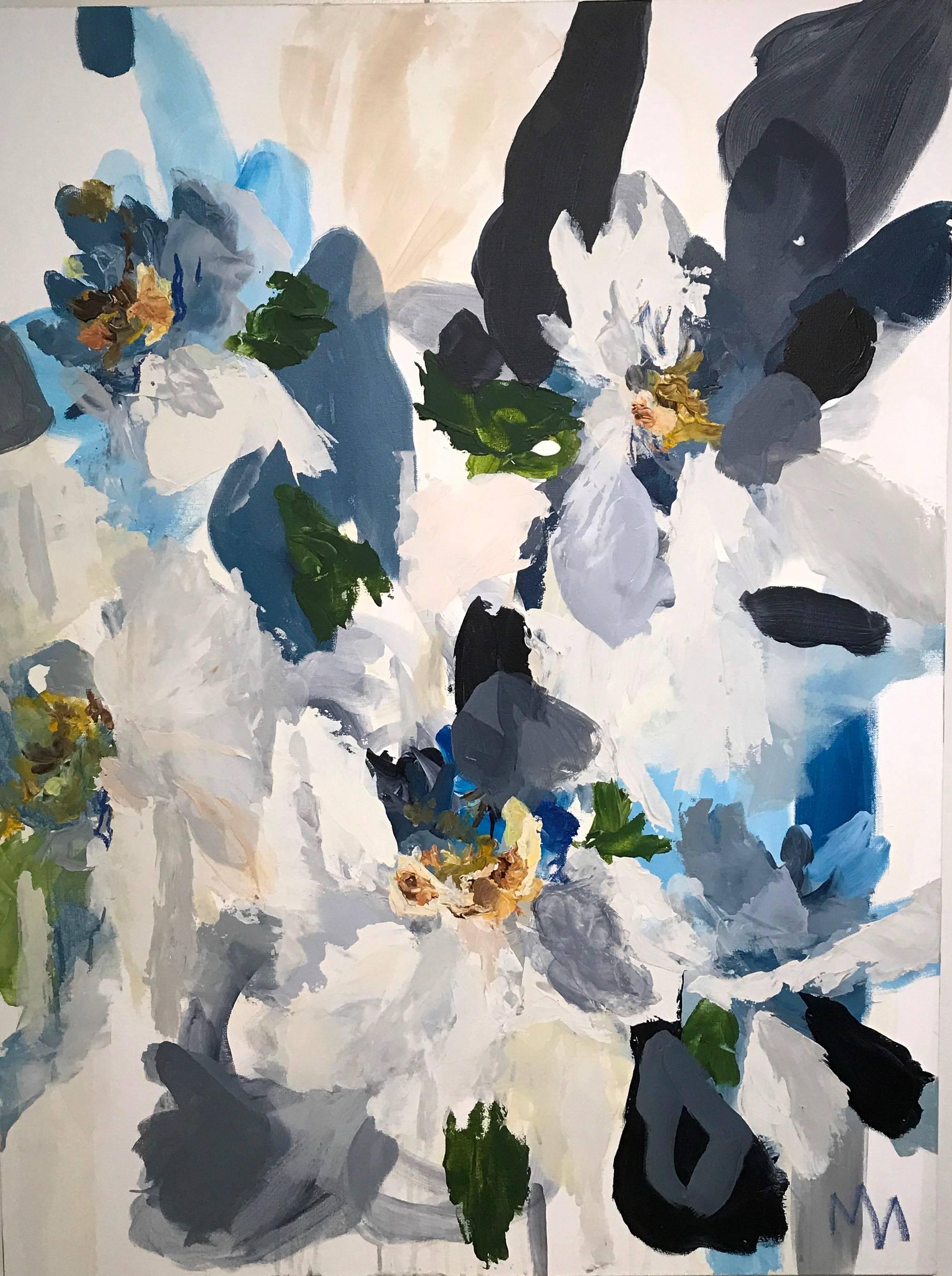 Mia Frandsen Abstract Painting - 'Blooms of Indigo VI' Acrylic and Marble on Canvas, Abstract Floral Painting